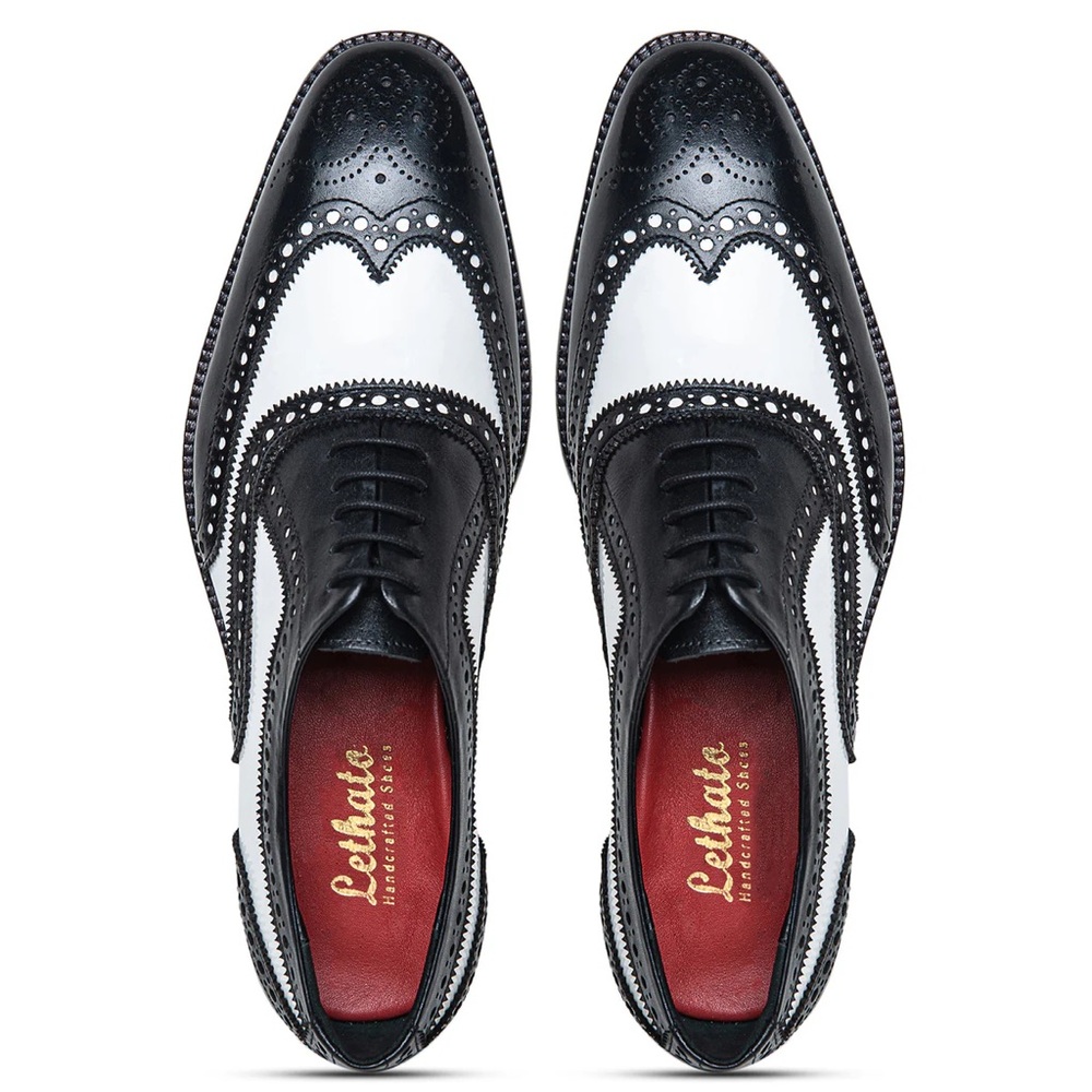 Lethato Black and White Leather Spectator Wingtip Oxford Shoes